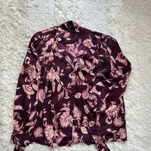 Ann Taylor Burgundy Floral Tie-Neck Blouse